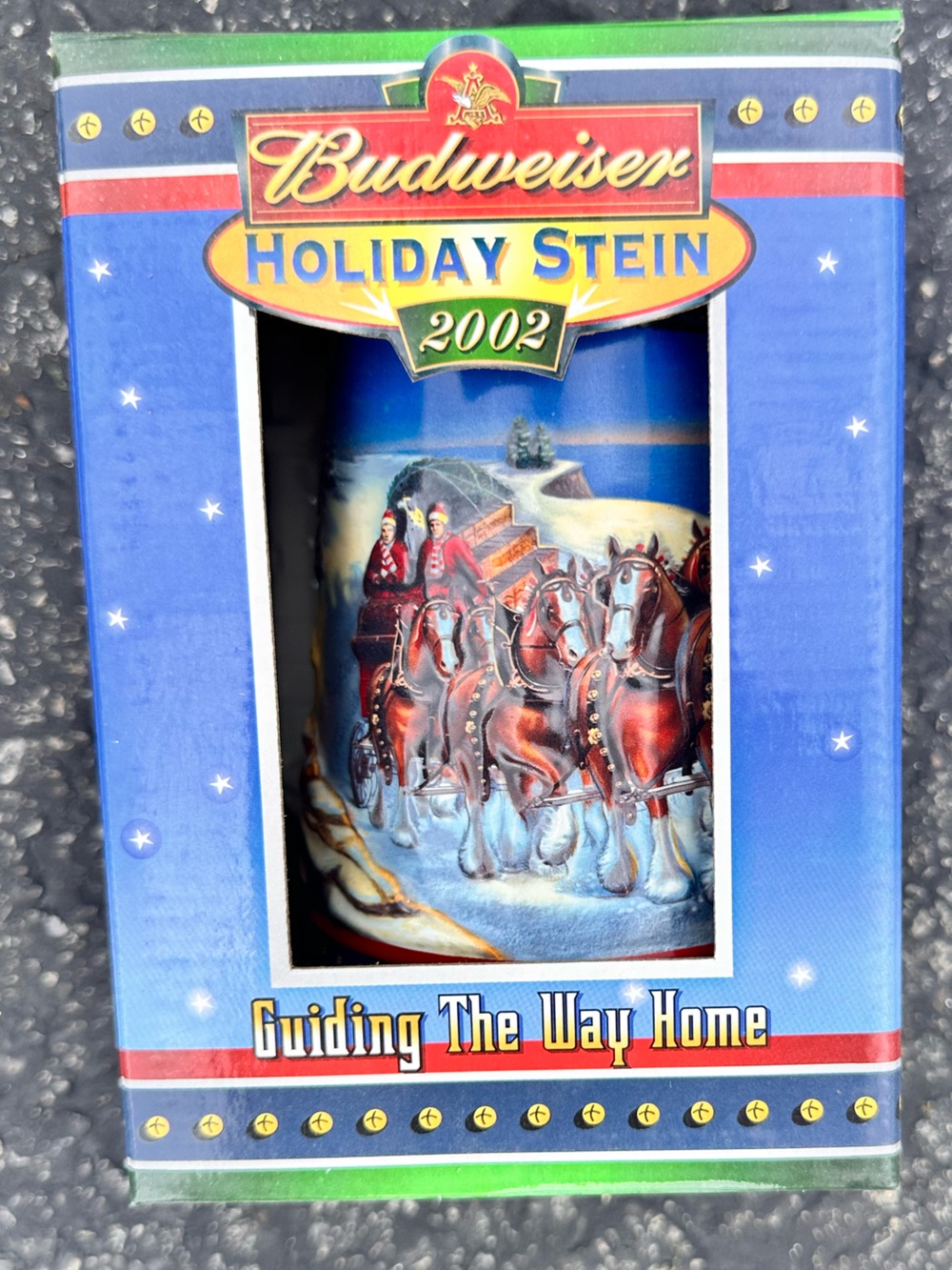 Budweiser Holiday Stein 2002 - Blue with Red and Gold Accents